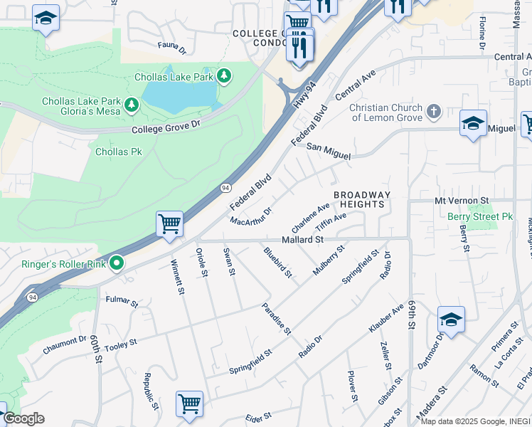 map of restaurants, bars, coffee shops, grocery stores, and more near 6470 Blue Ash Drive in Lemon Grove