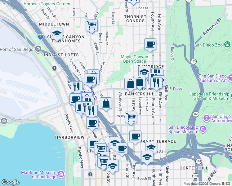 map of restaurants, bars, coffee shops, grocery stores, and more near in San Diego