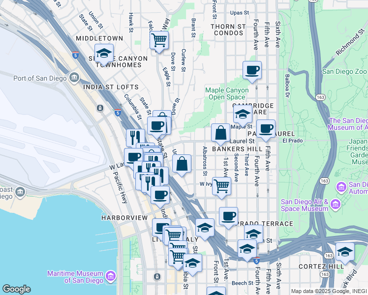 map of restaurants, bars, coffee shops, grocery stores, and more near in San Diego
