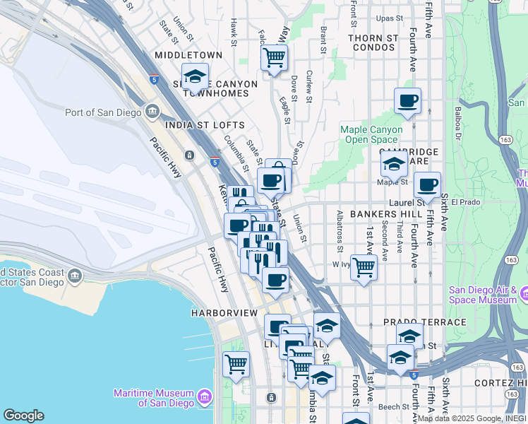 map of restaurants, bars, coffee shops, grocery stores, and more near 2569 Columbia Street in San Diego