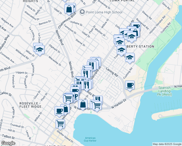 map of restaurants, bars, coffee shops, grocery stores, and more near 1870 Locust Street in San Diego
