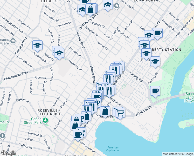 map of restaurants, bars, coffee shops, grocery stores, and more near 3244 Nimitz Boulevard in San Diego