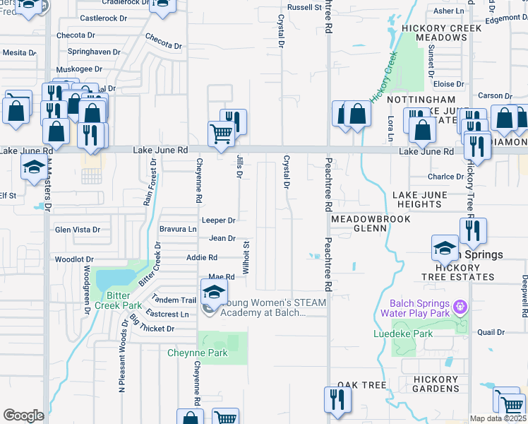 map of restaurants, bars, coffee shops, grocery stores, and more near 2708 Cottonwood Lane in Balch Springs