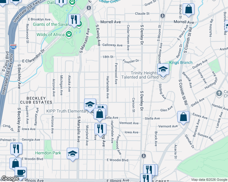 map of restaurants, bars, coffee shops, grocery stores, and more near 1346 Harlandale Avenue in Dallas