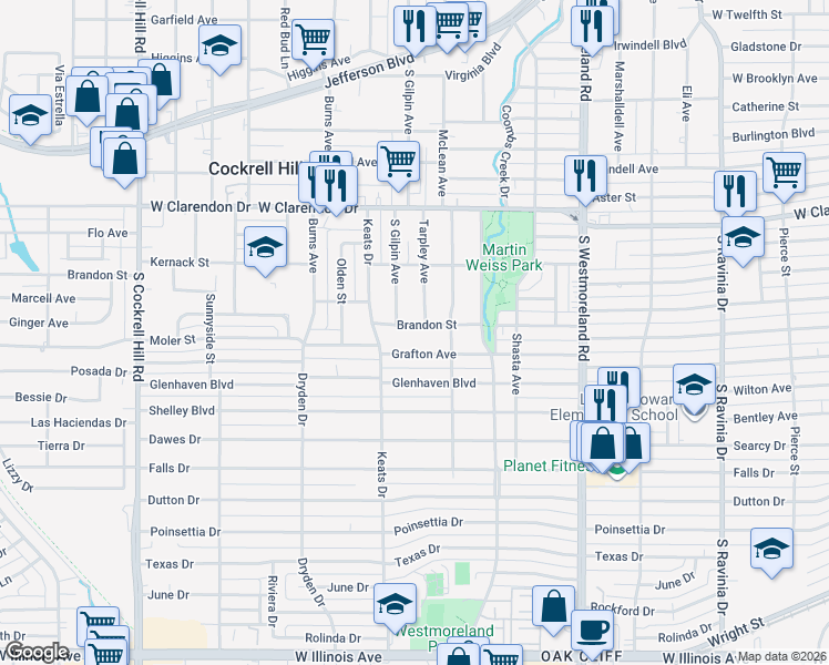 map of restaurants, bars, coffee shops, grocery stores, and more near 3627 Brandon Street in Dallas