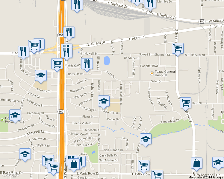 map of restaurants, bars, coffee shops, grocery stores, and more near 605 Susan Drive in Arlington