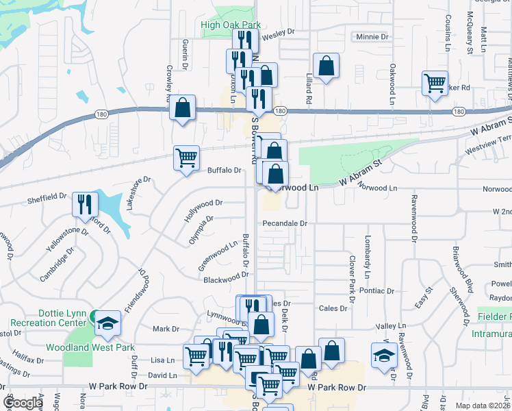 map of restaurants, bars, coffee shops, grocery stores, and more near 509 South Bowen Road in Arlington