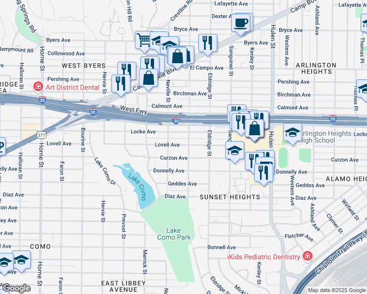 map of restaurants, bars, coffee shops, grocery stores, and more near 2909 Penticost Street in Fort Worth