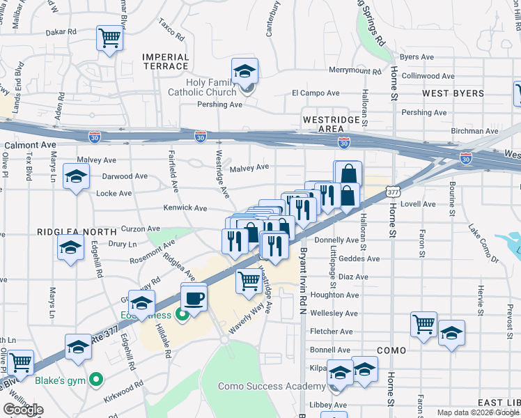 map of restaurants, bars, coffee shops, grocery stores, and more near 6108 Kenwick Avenue in Fort Worth