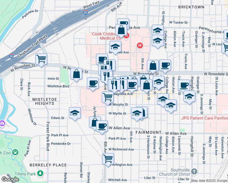 map of restaurants, bars, coffee shops, grocery stores, and more near 1209 Hurley Avenue in Fort Worth