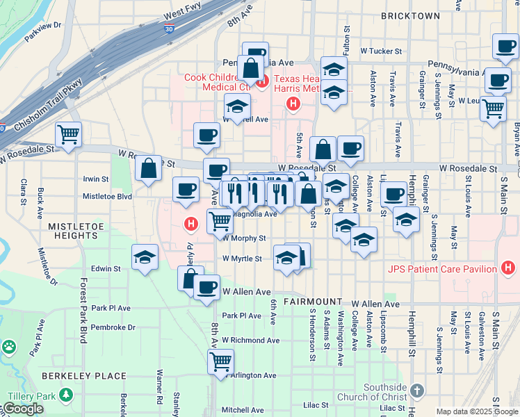 map of restaurants, bars, coffee shops, grocery stores, and more near 1201 Fairmount Avenue in Fort Worth