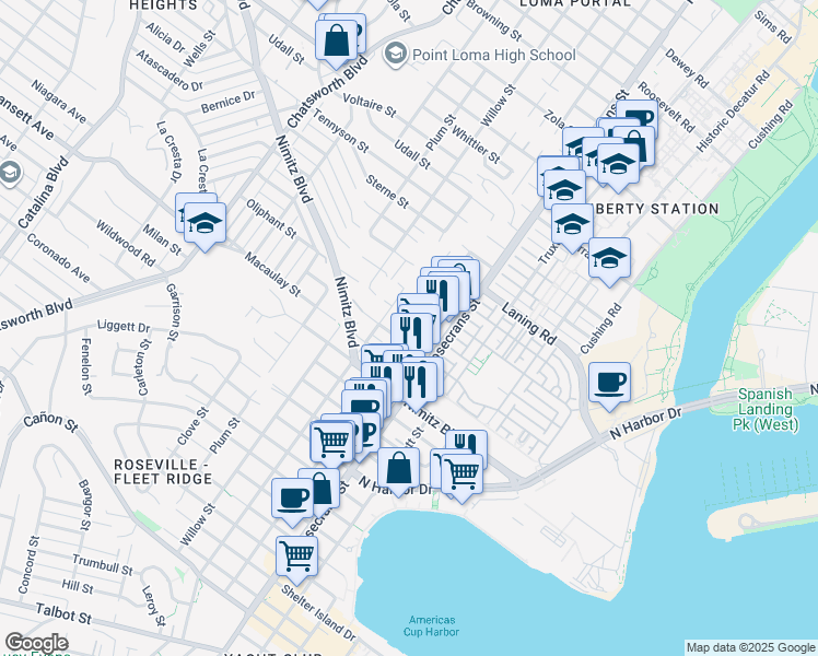 map of restaurants, bars, coffee shops, grocery stores, and more near 1840 Locust Street in San Diego