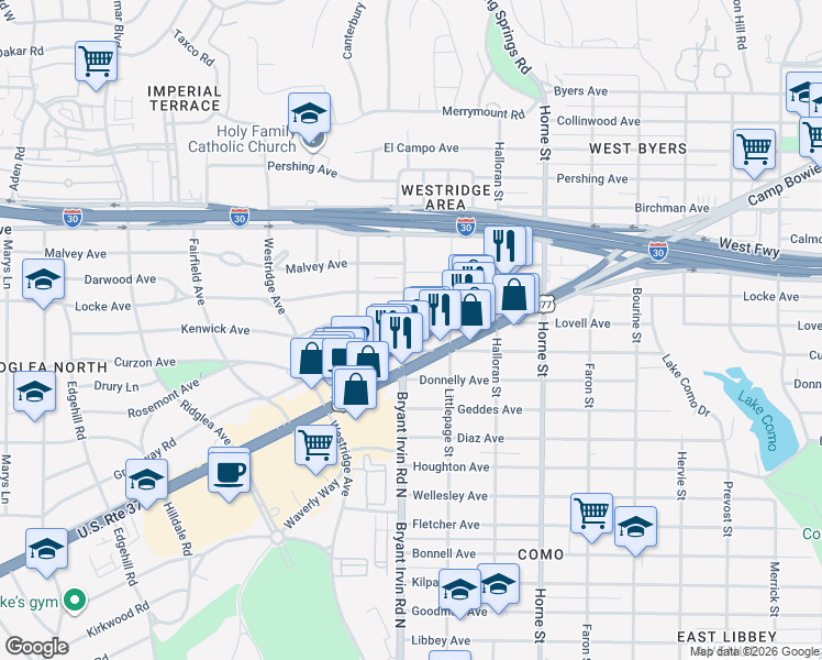 map of restaurants, bars, coffee shops, grocery stores, and more near 5932 Lovell Avenue in Fort Worth