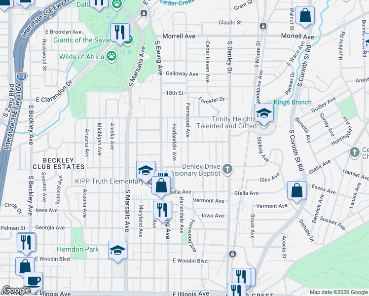 map of restaurants, bars, coffee shops, grocery stores, and more near 1346 Harlandale Avenue in Dallas