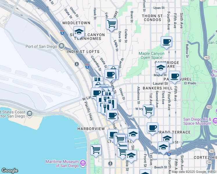 map of restaurants, bars, coffee shops, grocery stores, and more near 2545 1/2 State Street in San Diego