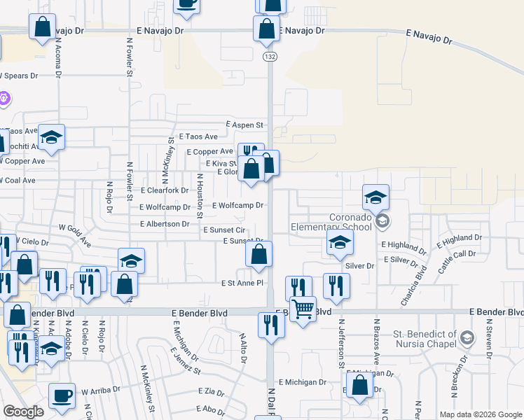 map of restaurants, bars, coffee shops, grocery stores, and more near 500-598 East Wolfcamp Drive in Hobbs