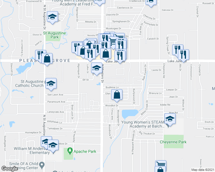 map of restaurants, bars, coffee shops, grocery stores, and more near 10211 Budtime Lane in Dallas