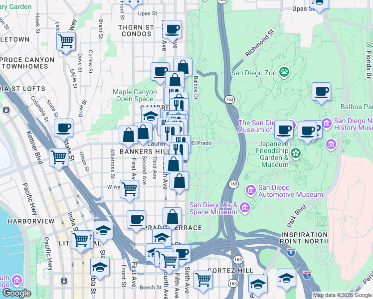 map of restaurants, bars, coffee shops, grocery stores, and more near 6th Avenue in San Diego