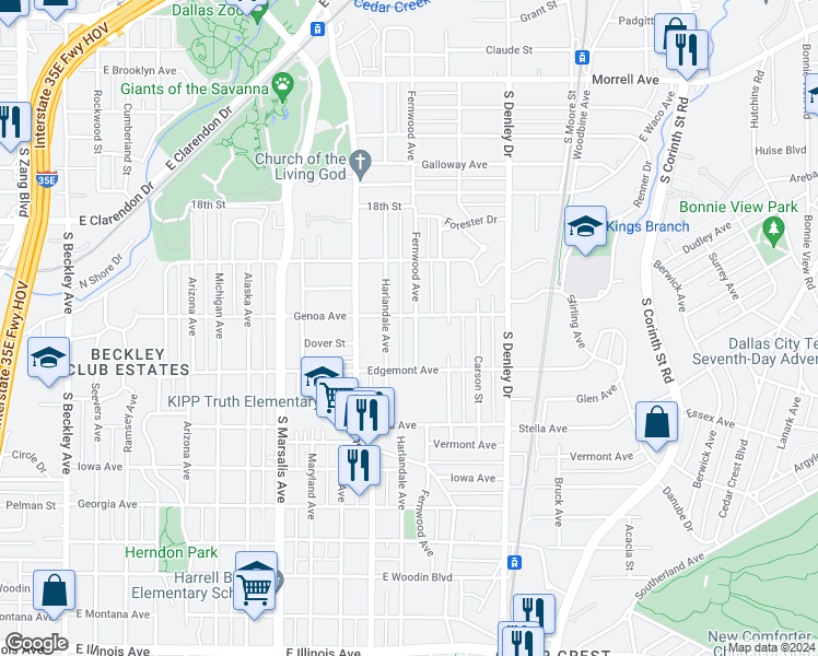 map of restaurants, bars, coffee shops, grocery stores, and more near 1411 Fernwood Avenue in Dallas