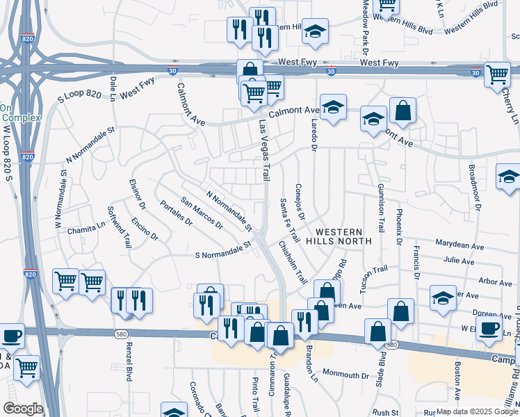 map of restaurants, bars, coffee shops, grocery stores, and more near 3064 Las Vegas Trail in Fort Worth