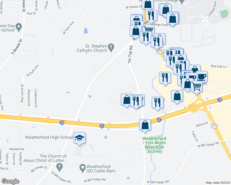 map of restaurants, bars, coffee shops, grocery stores, and more near 360 Kirkpatrick Street in Weatherford