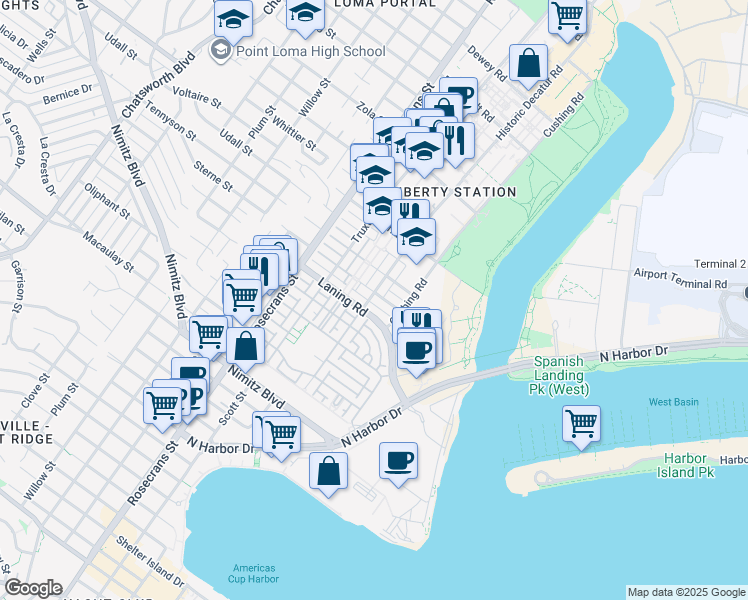 map of restaurants, bars, coffee shops, grocery stores, and more near 2793 East Bainbridge Road in San Diego