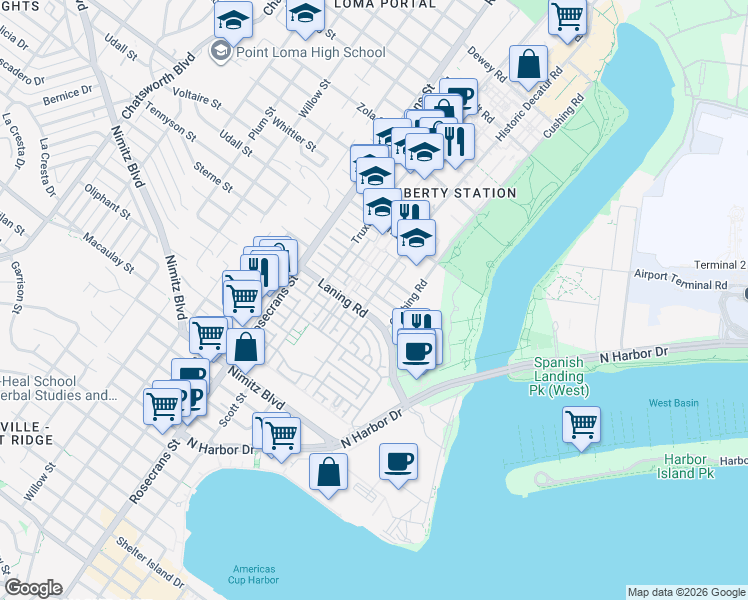 map of restaurants, bars, coffee shops, grocery stores, and more near 2793 East Bainbridge Road in San Diego