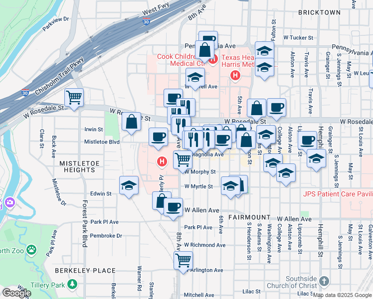 map of restaurants, bars, coffee shops, grocery stores, and more near 1209 Hurley Avenue in Fort Worth