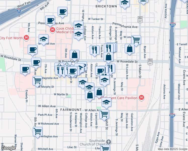 map of restaurants, bars, coffee shops, grocery stores, and more near 1212 Lipscomb Street in Fort Worth