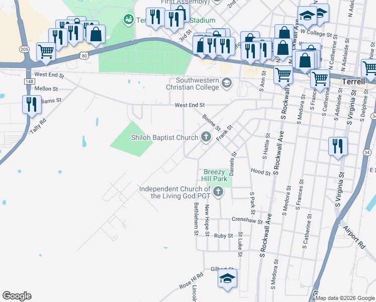 map of restaurants, bars, coffee shops, grocery stores, and more near 514 Frazier Street in Terrell