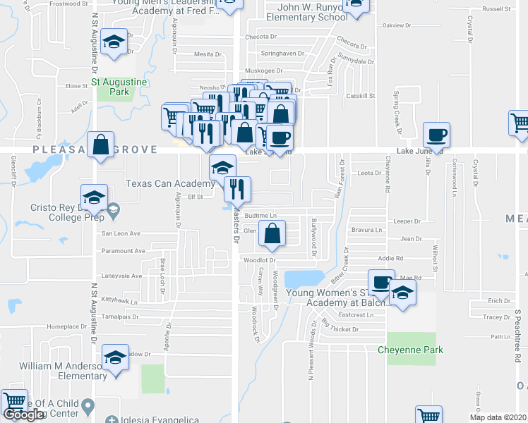 map of restaurants, bars, coffee shops, grocery stores, and more near 10227 Budtime Lane in Dallas