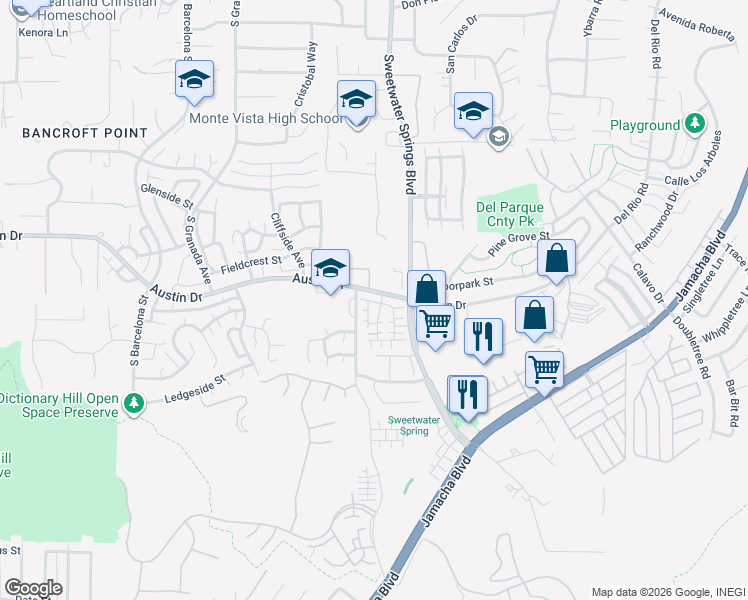map of restaurants, bars, coffee shops, grocery stores, and more near in Spring Valley