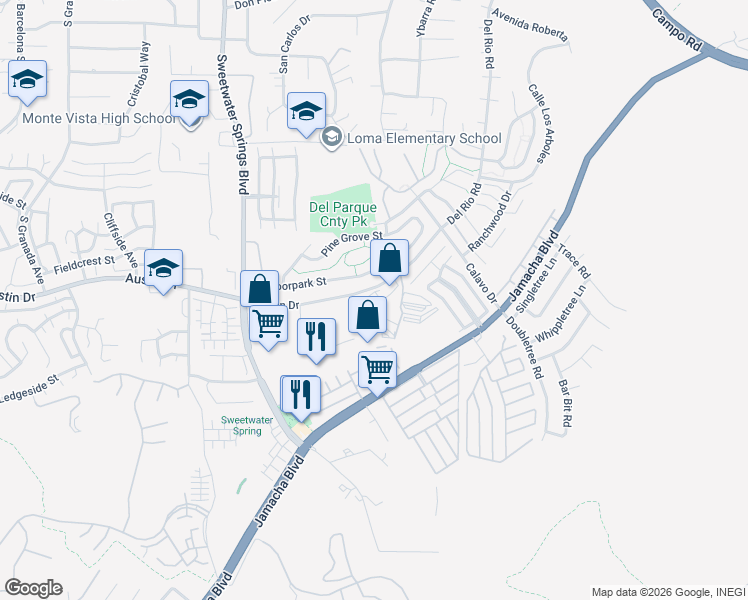 map of restaurants, bars, coffee shops, grocery stores, and more near 10461 Austin Drive in Spring Valley