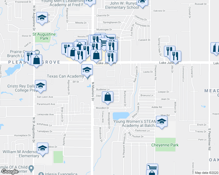 map of restaurants, bars, coffee shops, grocery stores, and more near 10239 Budtime Lane in Dallas