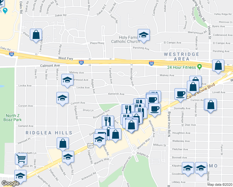 map of restaurants, bars, coffee shops, grocery stores, and more near 6237 Kenwick Avenue in Fort Worth