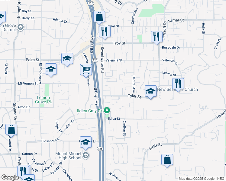 map of restaurants, bars, coffee shops, grocery stores, and more near 8646 Tyler Street in Spring Valley