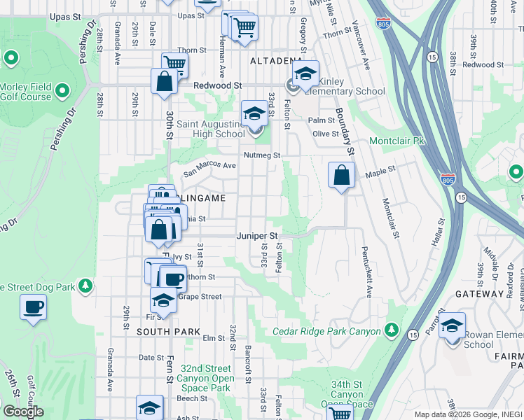 map of restaurants, bars, coffee shops, grocery stores, and more near 3315 Laurel Street in San Diego