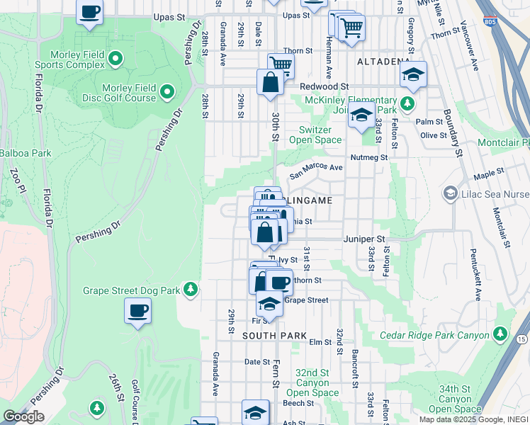 map of restaurants, bars, coffee shops, grocery stores, and more near 2959 Laurel Street in San Diego