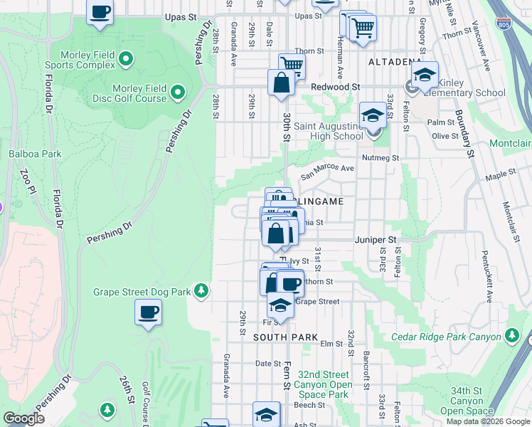map of restaurants, bars, coffee shops, grocery stores, and more near 2953-55 Laurel Street in San Diego