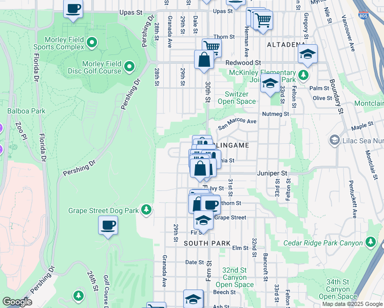 map of restaurants, bars, coffee shops, grocery stores, and more near 2959 Laurel Street in San Diego