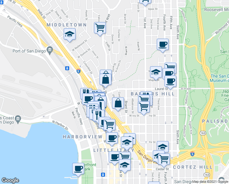 map of restaurants, bars, coffee shops, grocery stores, and more near in San Diego