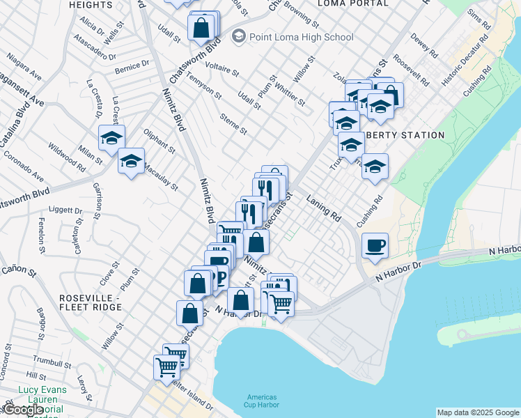 map of restaurants, bars, coffee shops, grocery stores, and more near 1870 Locust Street in San Diego