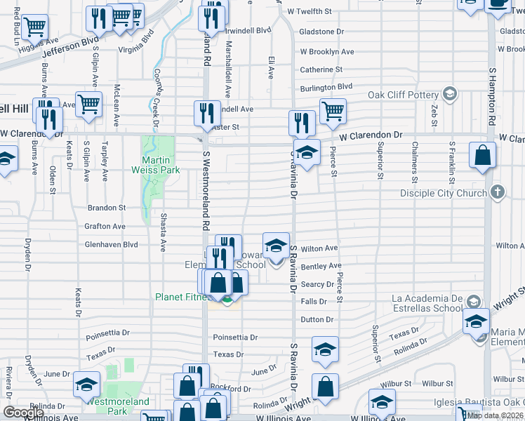 map of restaurants, bars, coffee shops, grocery stores, and more near 3030 Brandon Street in Dallas