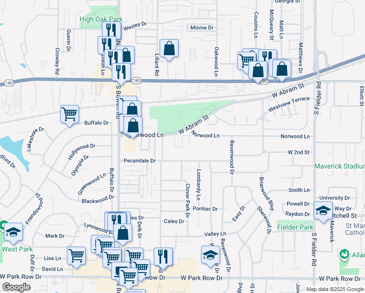 map of restaurants, bars, coffee shops, grocery stores, and more near 506 Pecan Acres Court in Arlington