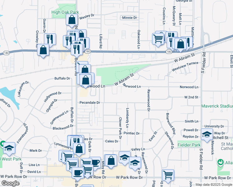 map of restaurants, bars, coffee shops, grocery stores, and more near 506 Pecan Acres Court in Arlington