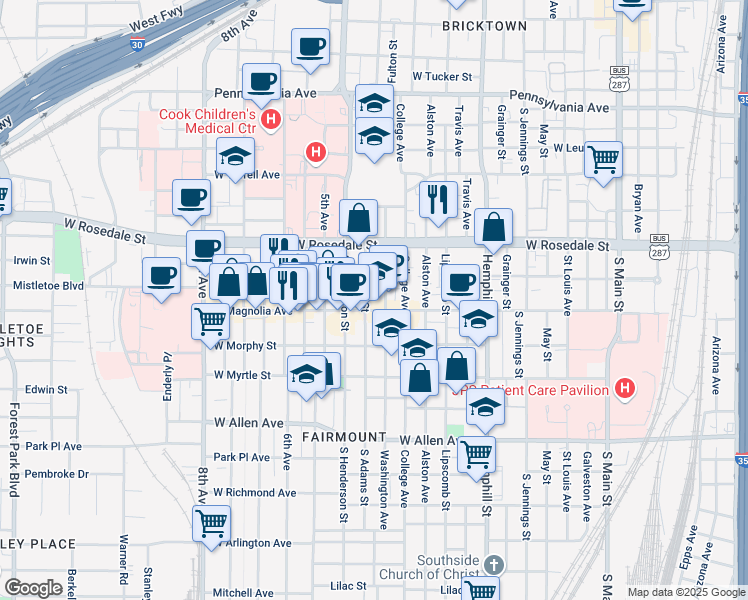 map of restaurants, bars, coffee shops, grocery stores, and more near 1209 South Adams Street in Fort Worth