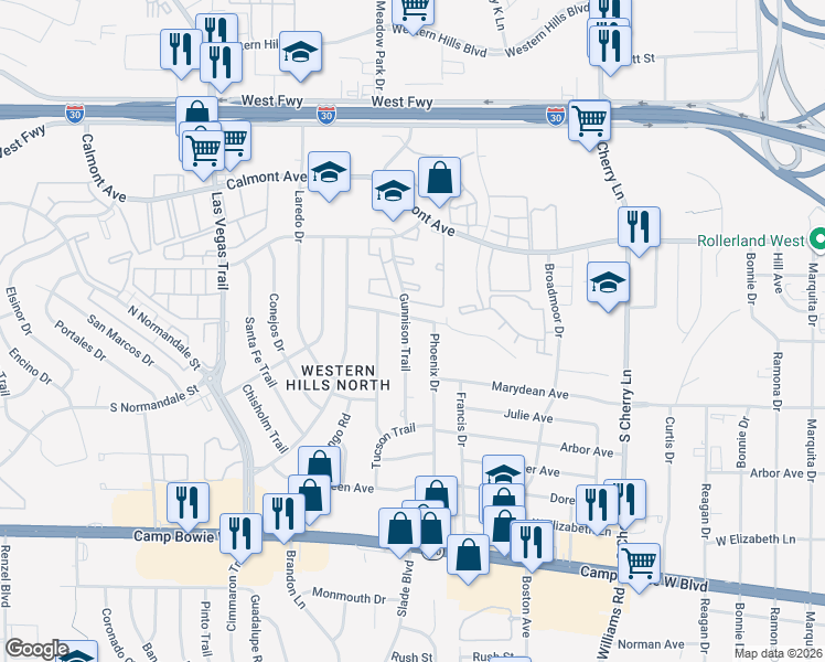 map of restaurants, bars, coffee shops, grocery stores, and more near 8302 El Retiro Road in Fort Worth