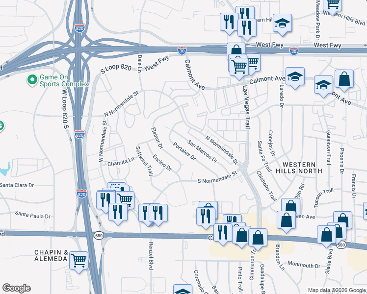 map of restaurants, bars, coffee shops, grocery stores, and more near 2821 Westwind Circle in Fort Worth