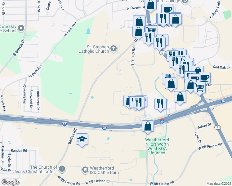 map of restaurants, bars, coffee shops, grocery stores, and more near 2024 Tin Top Road in Weatherford