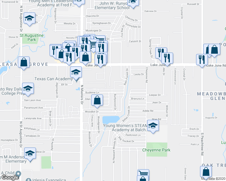 map of restaurants, bars, coffee shops, grocery stores, and more near 10303 Budtime Lane in Dallas